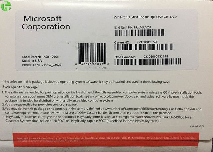 Original Microsoft 10 Pro Windows OEM Software 64 Bit Activation Globally