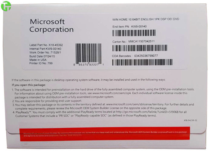 Microsoft Windows 10 Home / Pro OEM 64 Bit Package Software DVD + COA License