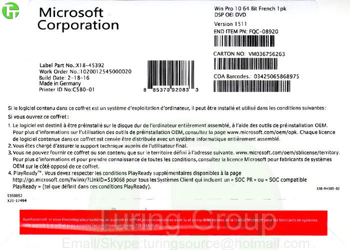 French Windows 10 Pro OEM Package 64 Bit 100% Genuine for Desktop / Laptop
