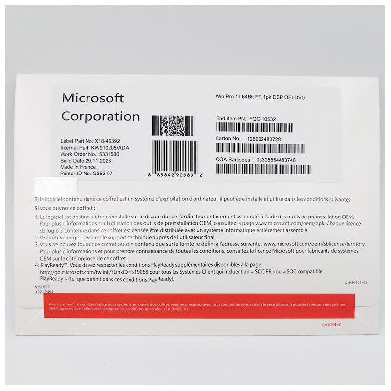 Microsoft Windows 11 Pro 64-Bit French DVD OEM System Builder Pack for New PC