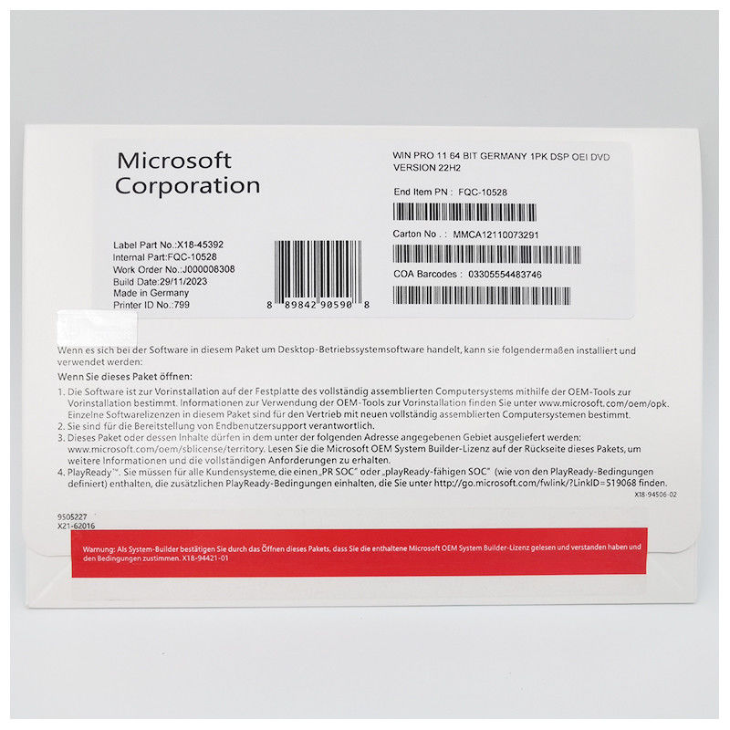 Official Microsoft Windows 11 Pro German DVD OEM System Builder 64-Bit License for Professional Use