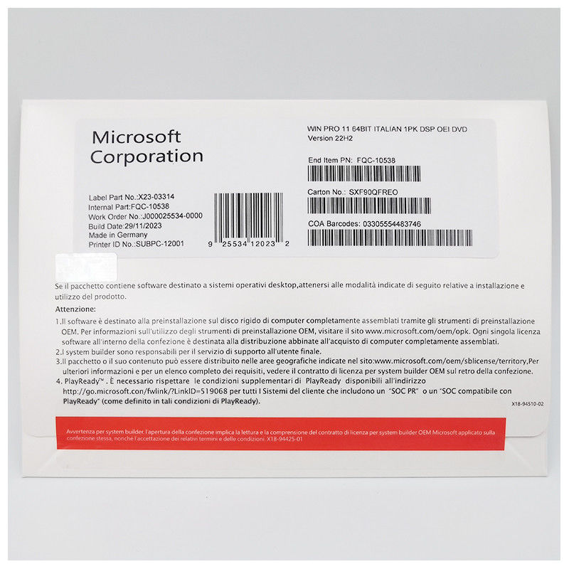 Microsoft Windows 11 Pro OEM Italian Professional Workstation License with BitLocker and Remote Desktop