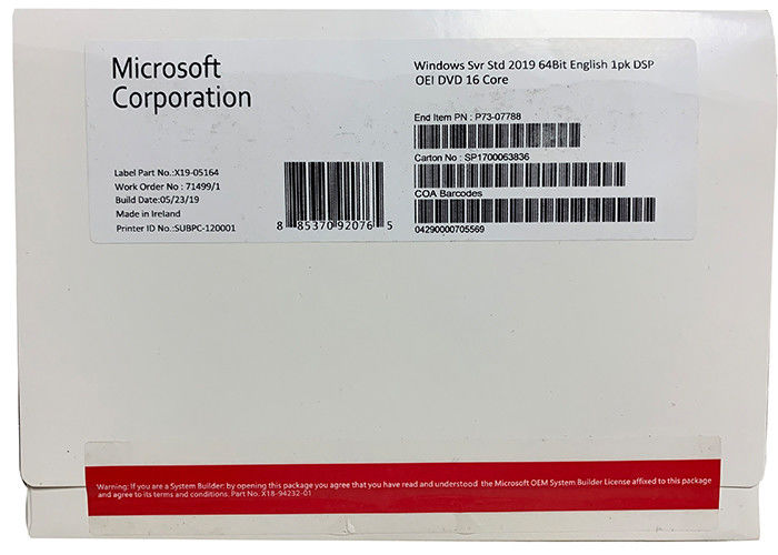 DVD Pack Windows Server 2019 Standard OEM Package Lifetime Guarantee X18 Lable